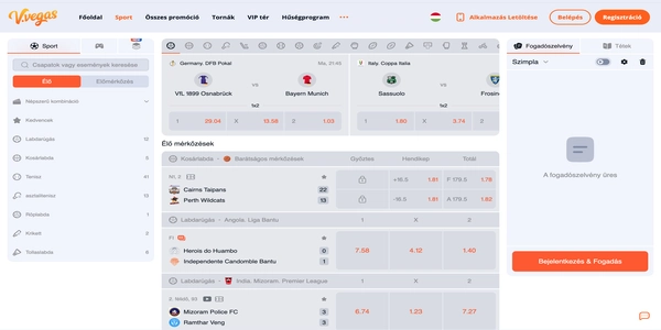 V.Vegas Casino sportfogadási kínálata mobilon
